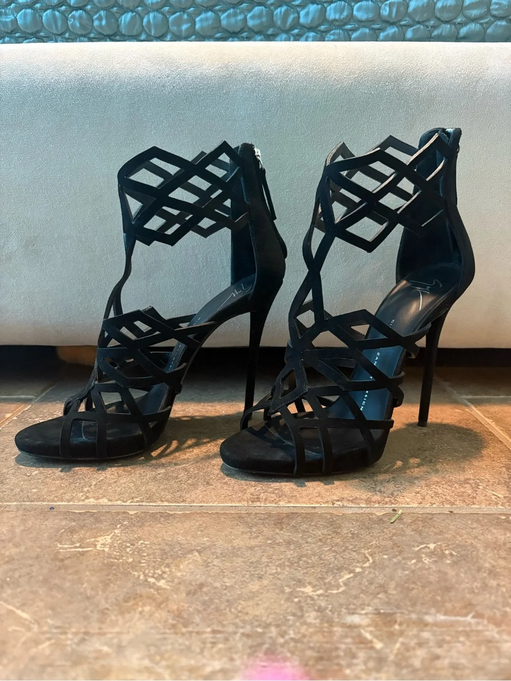 Giuseppe Zanotti Black Geometric Cage High Heel Sandals
